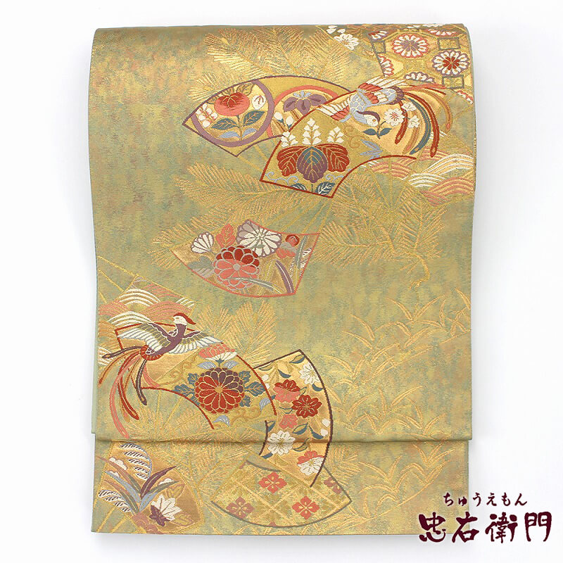 【中古】 袋帯 再利用 レディース 正絹 金 緑 橘 鳥 扇面 長さ428糎 幅31糎 仕立てもの売り上げ高帯 再利用帯 貨物輸送無料 即日送りとどける 和服-帯