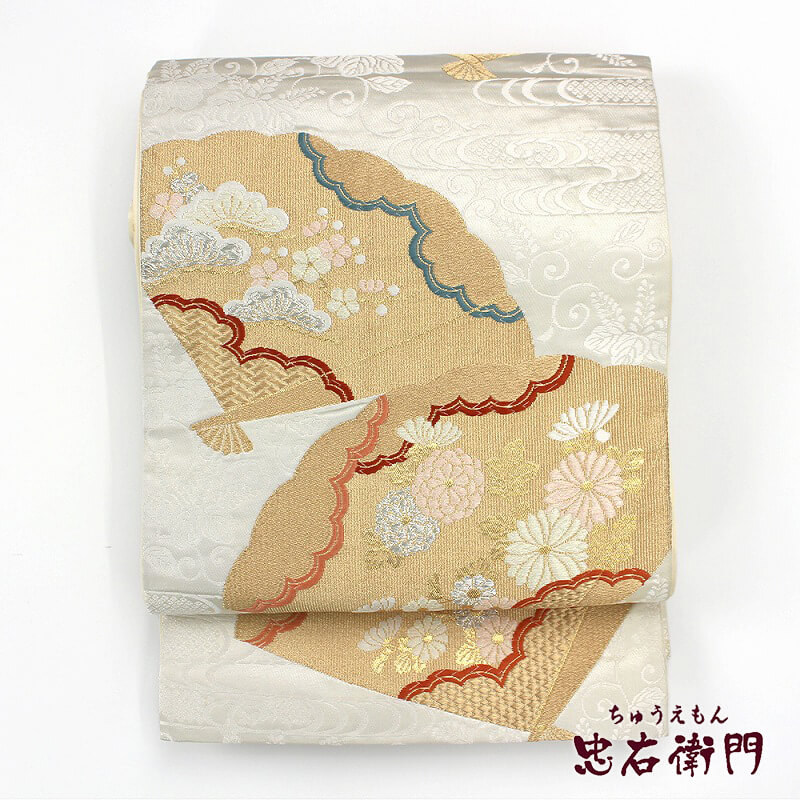 【中古】 袋帯 リサイクル レディース 正絹 白 銀 金 桃 扇子 松梅 長さ424cm 幅31cm 仕立て上がり帯 リサイクル帯 即日発送｜ビスコンティ＆きもの忠右衛門