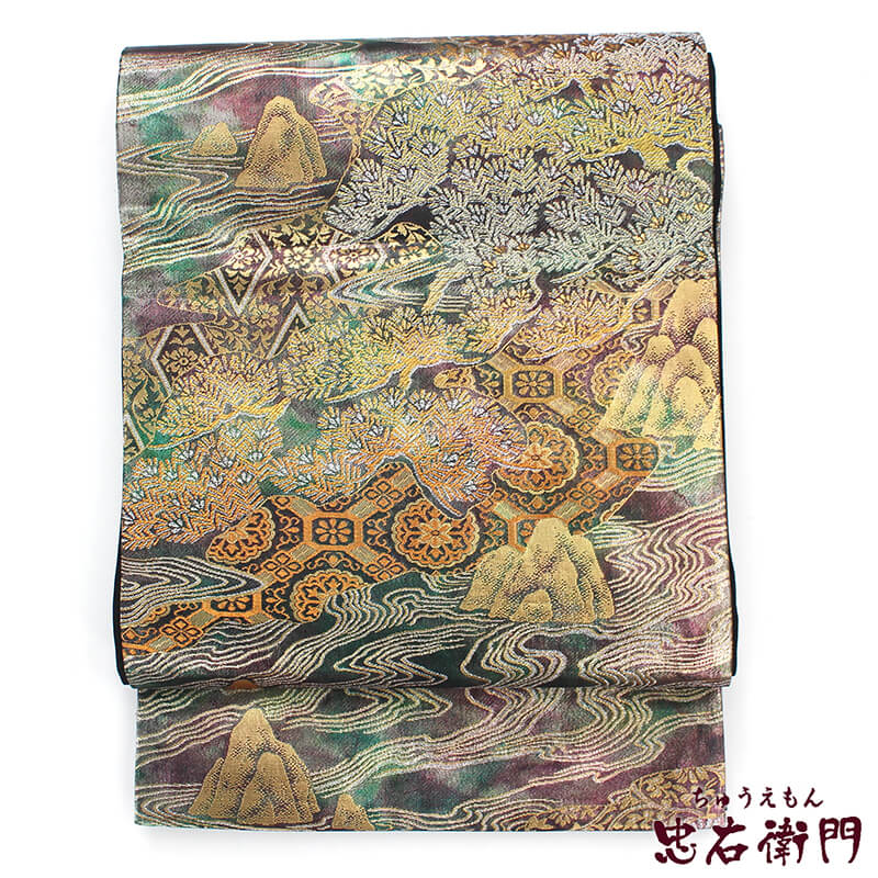 【中古】 袋帯 ふくろ帯 リサイクル レディース 正絹 緑 紫 ぼかし 松 蜀江文様 長さ445cm 幅31cm 仕立て上がり帯 リサイクル帯 即日発送