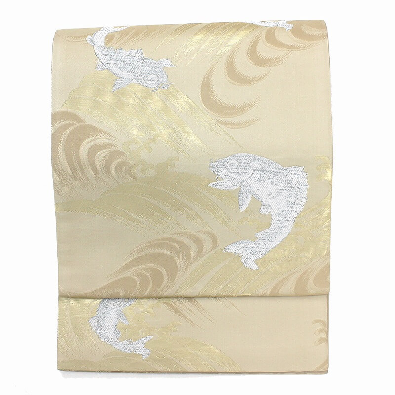 【中古】 袋帯 リサイクル レディース 正絹 ベージュ 銀 金 魚 長さ432cm 幅31cm 仕立て上がり帯 お太鼓柄 フォーマル リサイクル帯 送料無料 即日発送 13,556円