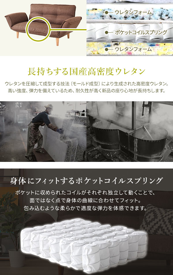 日本製リクライニングソファー/カウチソファー【1人掛けオットマン付きコールテン生地イエロー】脚部:ナチュラル幅88cm国産ソファソファーおしゃれポケットコイルローソファ北欧リビングひとり暮らし【代引不可】