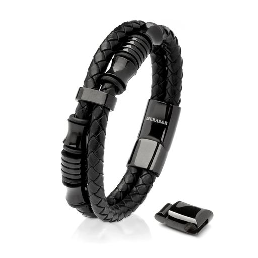 [SERASAR]20cmブラックメンズブレスレットギフトボックスPUレザーブレスレット編み込み調節可能マグネット留め金多層ラップジュエリーアームバンドマグネットアクセサリー