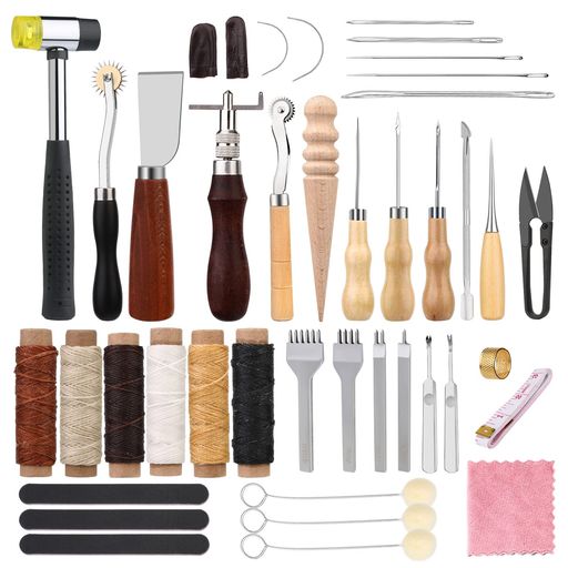 Denntyレザークラフト革細工キット革細工工具41点裁縫セット革用針と糸レザートリミングホイール千枚通し穴あけツールキットワーキングツールアクセサリーワックス糸付き