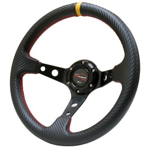 ステアリング32φディープコーン70mmカーボン柄PVC赤色クロスステッチイエロートップ(D32C)