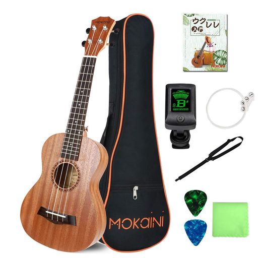 【初心者セット】MokainiソプラノウクレレUkulele高級なマホガニ―材23インチウクレレ【ウクレレバッグ、調べ器、ウクレレ日本語教材、つり、予備用コルダ、拭き巾、ピック】【検品後発…