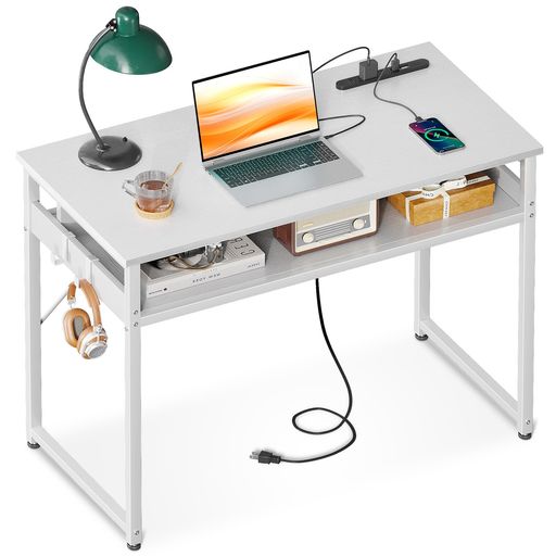 ODK机pcデスクパソコンデスク幅80cmゲーミングデスク収納付きコンセント付き勉強机computerdesk卓子ワークデスク??卓フック2個付きコンパクトテレワーク用省スペース組立簡単白い