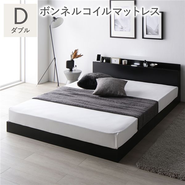 宮棚付き ローベッド フロアベッド ダブルサイズ (ボンネルコイルマットレス付き) スノコ構造 LEDライト付き 二口コンセント付き 木目調 頑丈 スタイリッシュ ブラック 38,832円