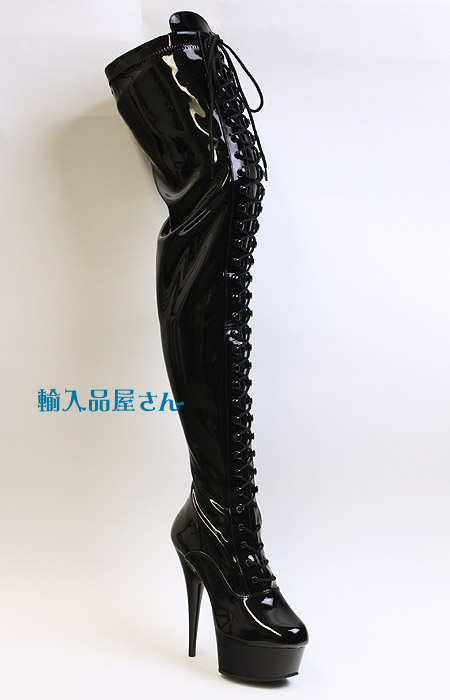 選べる靴用品プレゼント付 Pleaser(プリーザー) オーバーニー厚底ロングブーツ/ピンヒール/エナメル黒/ヒール高約15cm(DELIGHT-3023-BLKPAT)