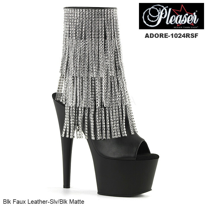 選べる靴装置差し上げ物付 Pleaser(プリーザー) オープントゥ フリンジブーツサンダル ADORE-1024RSF 黒いこと◆取り寄せ