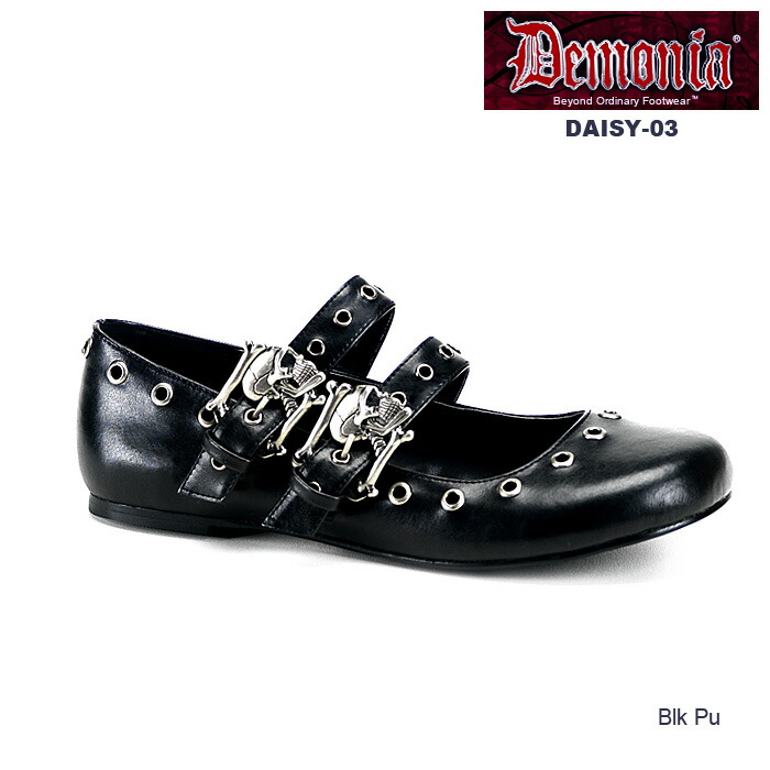 楽天ランキング1位 楽天市場 取寄せ 送料無料 Demonia Pleaser デモニア プリーザー フラットシューズ ぺたんこ靴 甲ストラップ ぺたんこ パンプス かわいい 可愛い レディース スカル ストラップ つや消し黒 ブラック コスプレ ゴスロリ 靴 衣装 Daisy 03 Dai03 B
