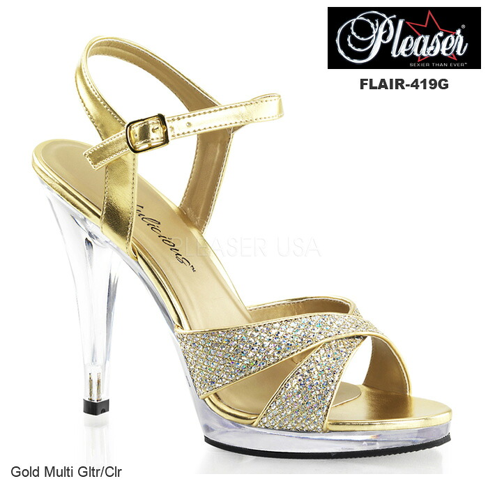 選べる靴用品プレゼント付 Pleaser(プリーザー) クリスクロスストラップサンダル ゴールド／金 FLAIR-419G◆取り寄せ
