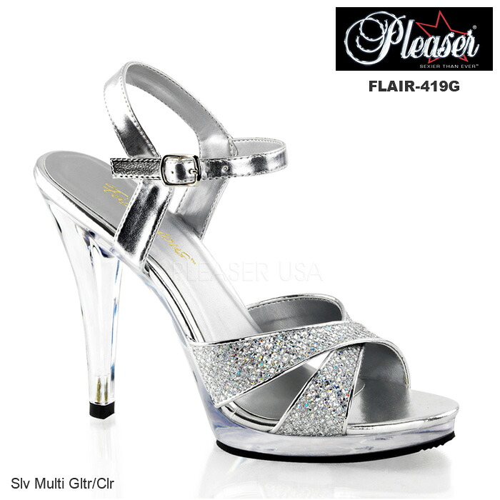 選べる靴用品プレゼント付 Pleaser(プリーザー) クリスクロスストラップサンダル シルバー/銀 FLAIR-419G◆取り寄せ|輸入品屋さん