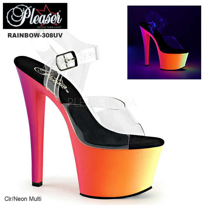 選べる靴用品プレゼント付 Pleaser(プリーザー) マルチカラーUV蛍光プラットフォーム（厚底）サンダル RAINBOW-308UV◆取り寄せ