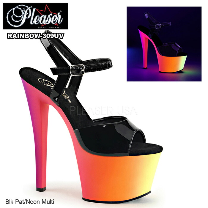 選べる靴用品プレゼント付 Pleaser(プリーザー) マルチカラーUV蛍光プラットフォーム（厚底）サンダル RAINBOW-309UV エナメル黒◆取り寄せ