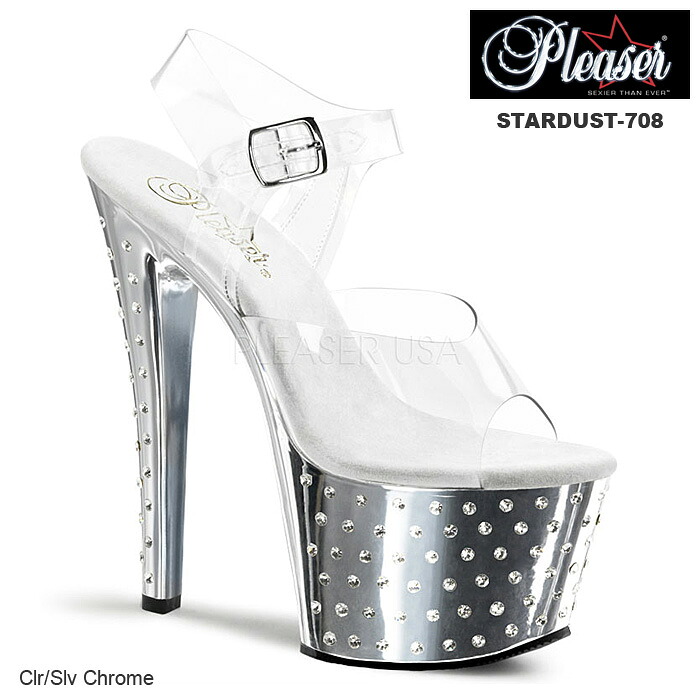 選べる靴用品プレゼント付 Pleaser(プリーザー)　ラインストーンスタッズ 厚底サンダル シルバー STARDUST-708◆取り寄せ｜輸入品屋さん