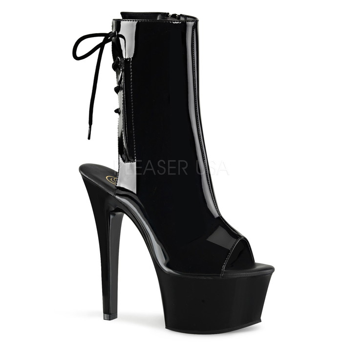 選べる靴用品プレゼント付 取寄せ Pleaser プリーザー レディース 厚底ショートブーツ 厚底アンクルブーツ オープントゥ 後ろがレースアップ ハイヒール エナメル黒(ブラック) サイドジッパー 15cmヒール ポールダンス 靴 大きいサイズ ASPIRE-1018 ASP1018/B/M