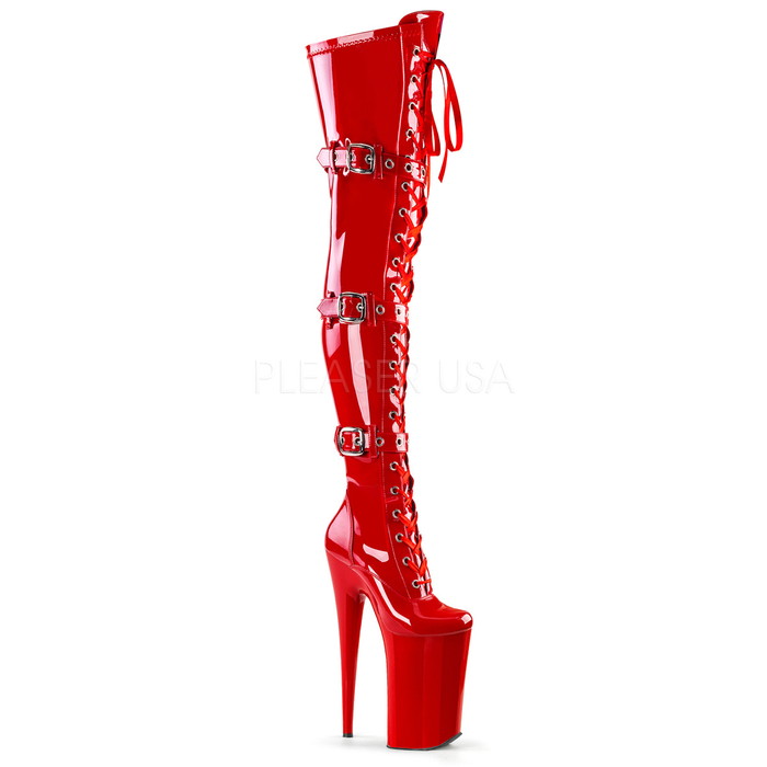 選べる靴用品プレゼント付 取寄せ Pleaser プリーザー 超厚底 サイハイブーツ オーバーニーブーツ 編み上げレースアップ 3連バックルベルト エナメル赤 レッド ハイヒール高約25cm レディース 大きいサイズ ピンヒール サイドジッパー ポールダンス BEYOND-3028 BEY3028/R/M｜輸入品屋さん