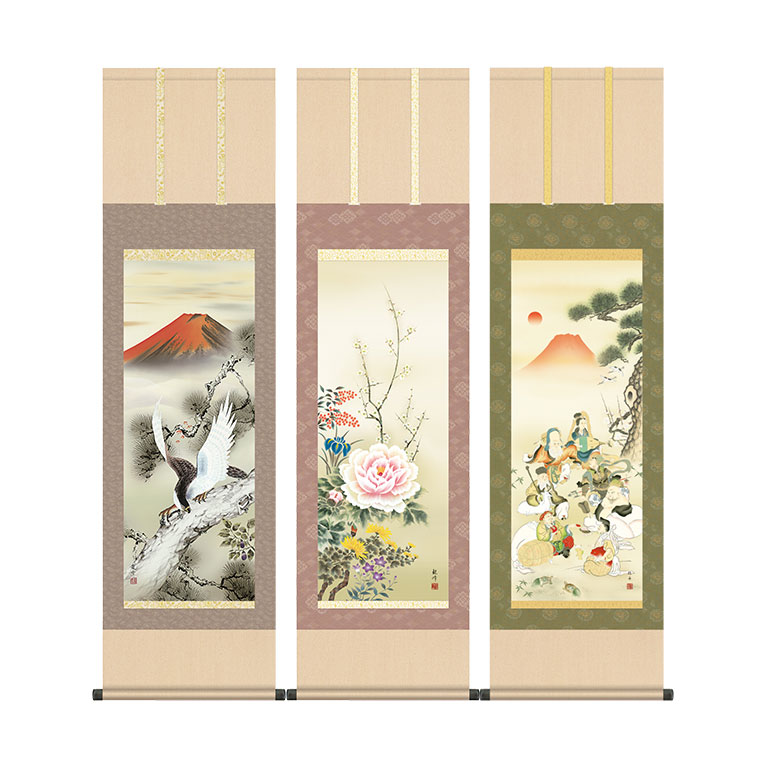 洛彩緞子表装 掛軸 開運掛軸 吉祥掛軸 縁起掛軸 日本画 名画 山村勧峰 濱田嵐雪 長江桂舟 七福神 一富士二鷹三茄子 四季花 美術掛軸 仏間 床の間 インテリア 和室 掛け軸 飾り 季節掛軸 風景画 花鳥画 福寿 財運 成功運 出世運 開運グッズ 縁起物 和の美 美術複製画