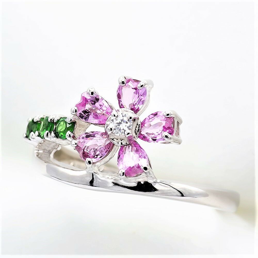 【選べる地金】ピンクサファイヤ 桜モチーフ リング 0.70ct Pt900/K18WG/K18YG/K18PG