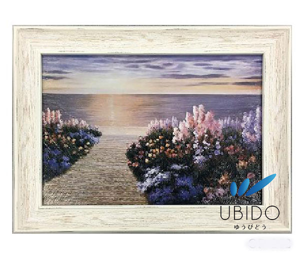 絵画 油絵 風景画 ポスター 額入り 【夕日 ダイアン・ロマネコ】 285×405ｍｍ メディウム加工 メディウム額装 アンティーク調 インテリア