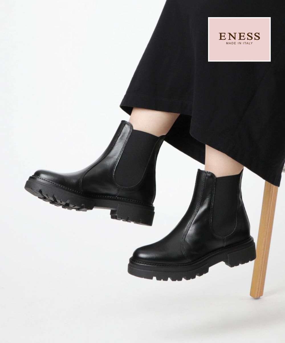 エネス ENESS ST-7927 (1) ブーツ レディース シューズ サイドゴア レザー ミドル丈 チェルシーブーツ 革靴 黒 Nappa Suede Chelsea Boots ブラック 22.5〜24.5cm