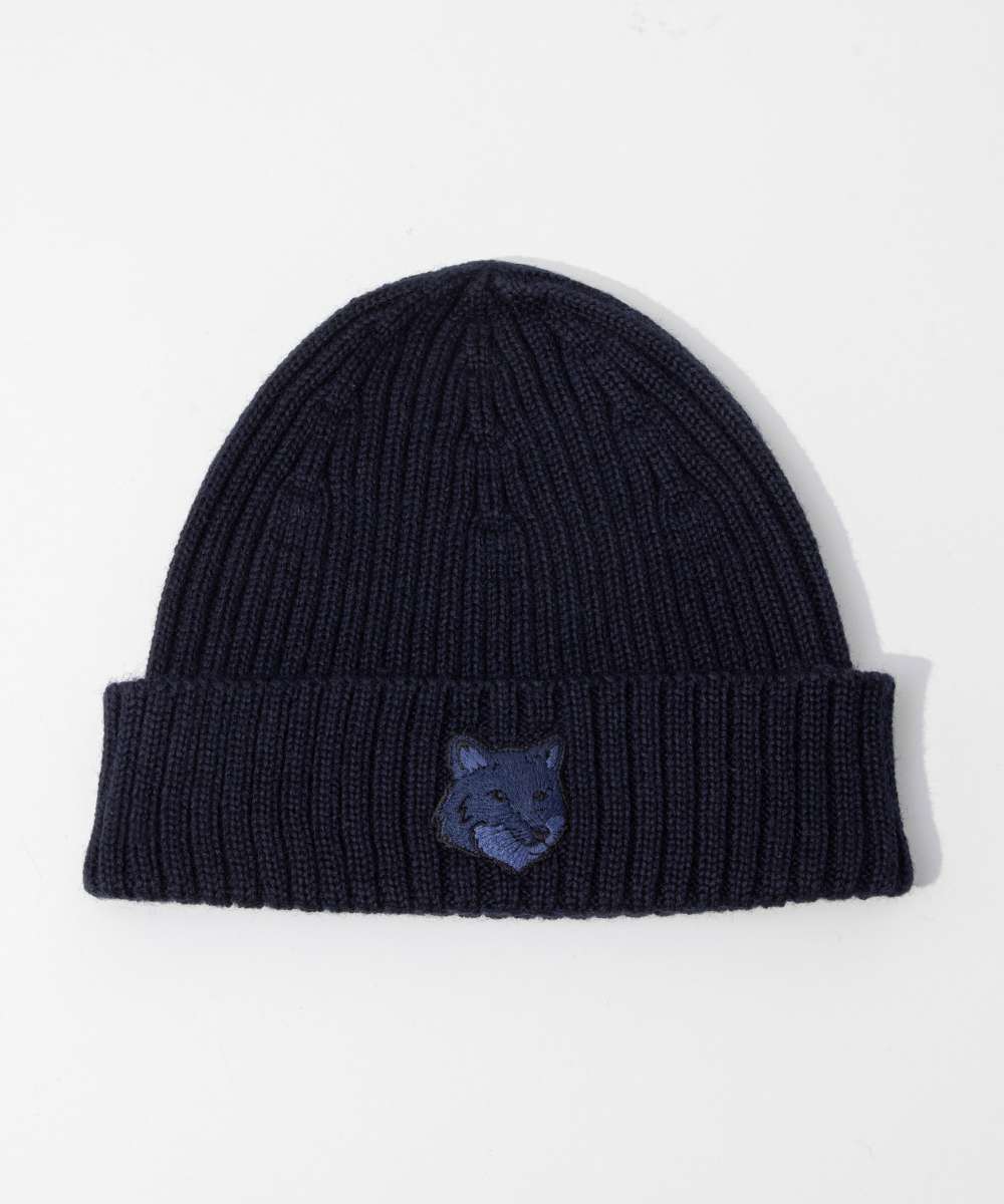 MAISON KITSUNÉ ブラックニット帽 MAISON KITSUNE メゾンキツネ ニット帽 FOX HEAD PATCH RIBBED