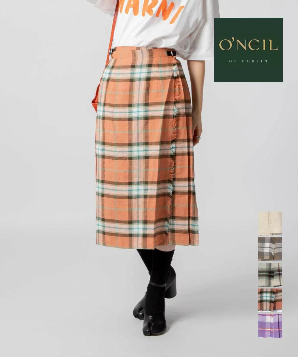 【定め事品】 【当店別注】 オニールオブダブリン O\u0027NEIL OF DUBLIN 5073L スコート レディース ボトムス キルトスコート 丈73珊 2023SS 麻 リネン 照合のしるし柄 ロング丈 ミモレ シングル三尺帯 一回りスコート 巻きスコート Wバックル 春夏 全5色