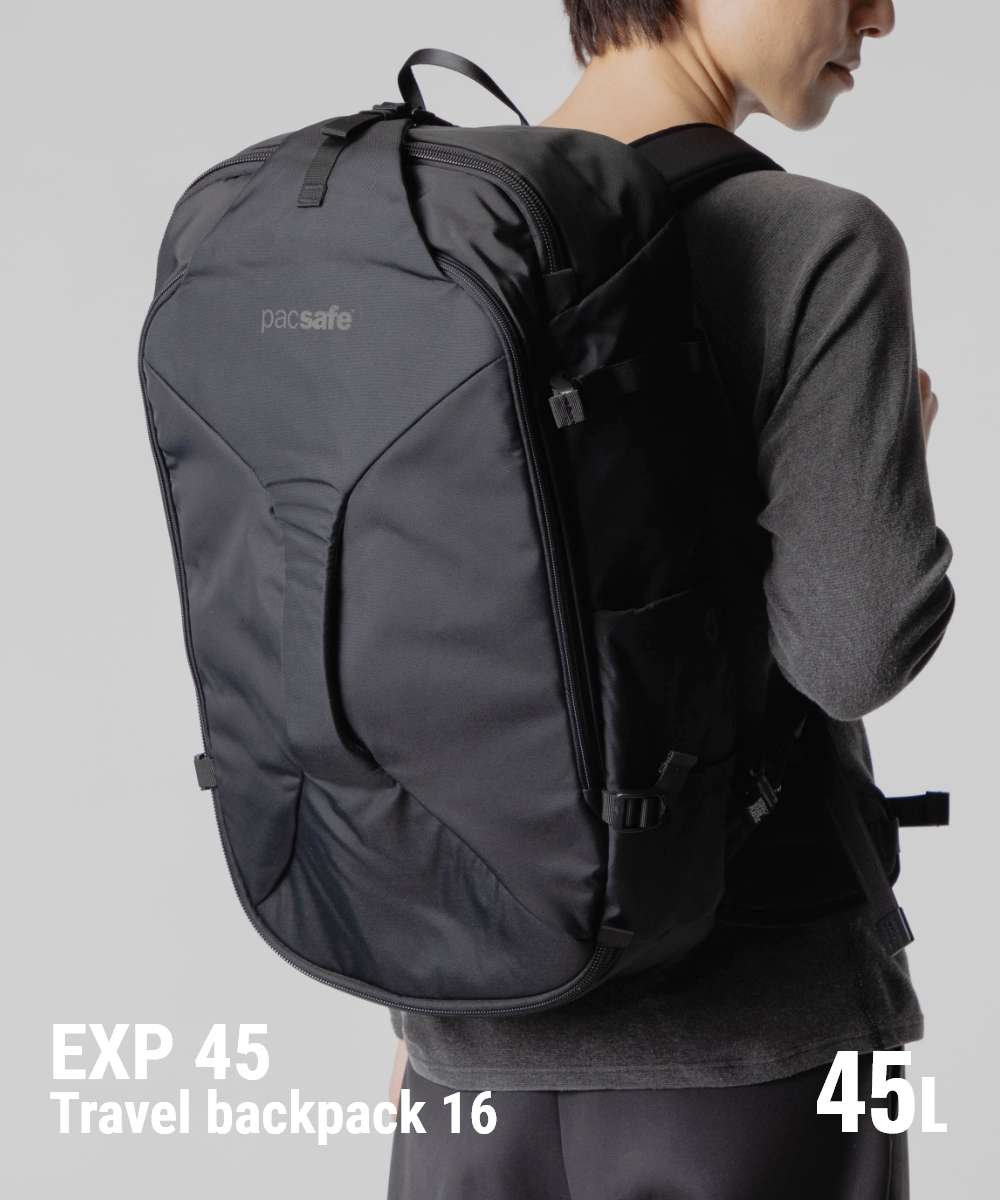 パックセーフ PACSAFE 60322100 バックパック EXP45 carry-on travel pack メンズ バック 盗難防止 キャリーオントラベルパック リュックサック 海外旅行 デイパック 貴重品 収納 タブレット PC アウトドア お出かけ 黒 RFIDブロック キャンプ 通勤 通学 旅行 ブラック|UBLANC