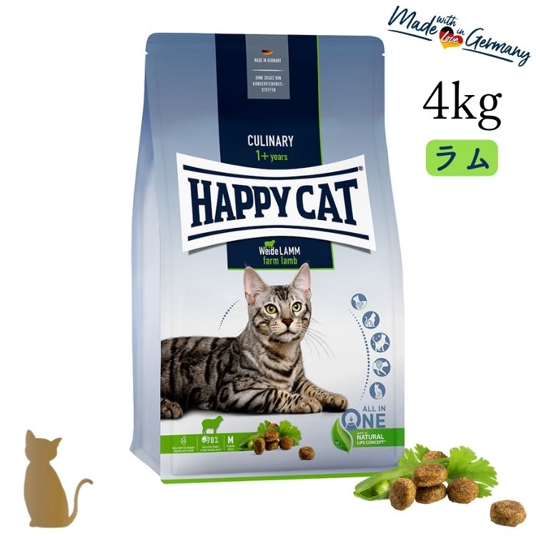 ハッピーキャット【 ファーム ラム (牧畜のラム) 4kg 】HAPPY CAT 成猫 グルテンフリー ドライフード 中粒 消化器ケア 関節ケア 70549