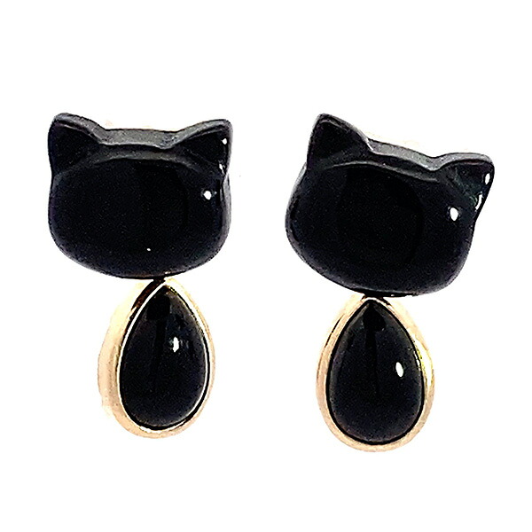 【10%OFFクーポン利用で】(262112)日本製 猫ピアス オニキス 18k スタッドピアス イエローゴールド レディース 女性 ネコ