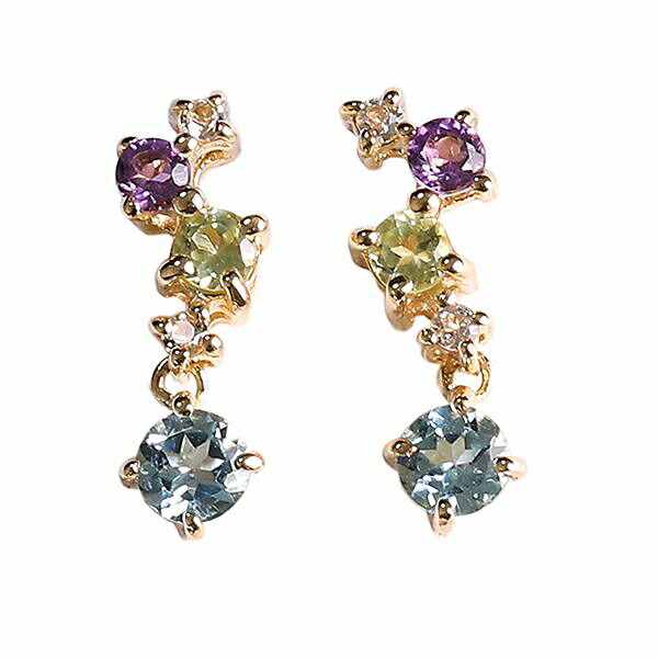 【10％OFFクーポン利用で】（pe247250）ピアス 18k マルチカラーピアス 両耳 レディース 女性プレゼント ペリドット アメジスト ホワイトトパーズ ブルートパーズ クールカラー 金 YG イエローゴールド