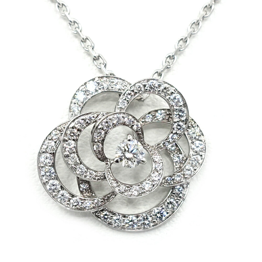 【栄】【CHANEL】シャネル K18WG カメリア 1Pダイヤ パヴェダイヤ ペンダントネックレス ジュエリー レディース【中古】