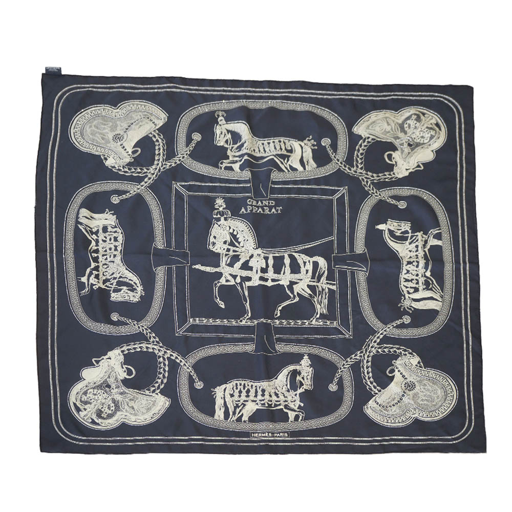 【栄】【HERMES】エルメス カレ90 GRAND APPARAT グランアパラ プレシュー 刺繍 パール ビーズ スカーフ シルク100％ ノワール ブラック 黒 小物 その他 箱【中古】