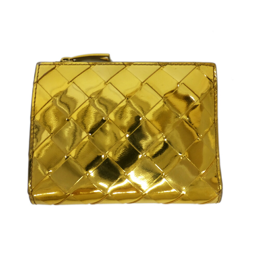 【天白】【BOTTEGA VENETA】ボッテガヴェネタ 二つ折り ウォレット ゴールド イントレチャート 編み込み レザー メンズ レディース 財布【中古】｜質ウエダ 29,304円