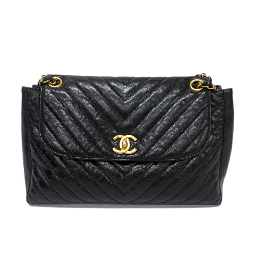 【天白】【CHANEL】シャネル シェブロン クラシック ブラック チェーンショルダーバッグ CC ココマーク ゴールド金具 レディース 鞄【中古】