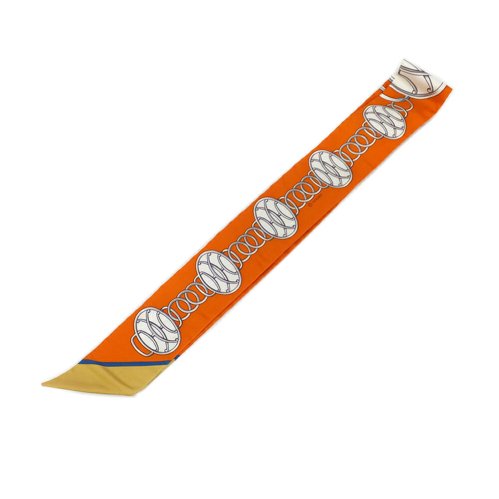 【天白】【HERMES】エルメス ツイリー オレンジ LIFT PROFILE リフトプロフィール シルク100% 小物 レディース 未使用【中古】