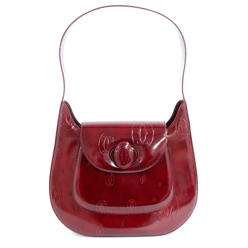 【名古屋】【CARTIER】カルティエ ハッピーバースデー ショルダーバッグ ボルドー パテントレザー レディースハンドバッグ 女【中古】