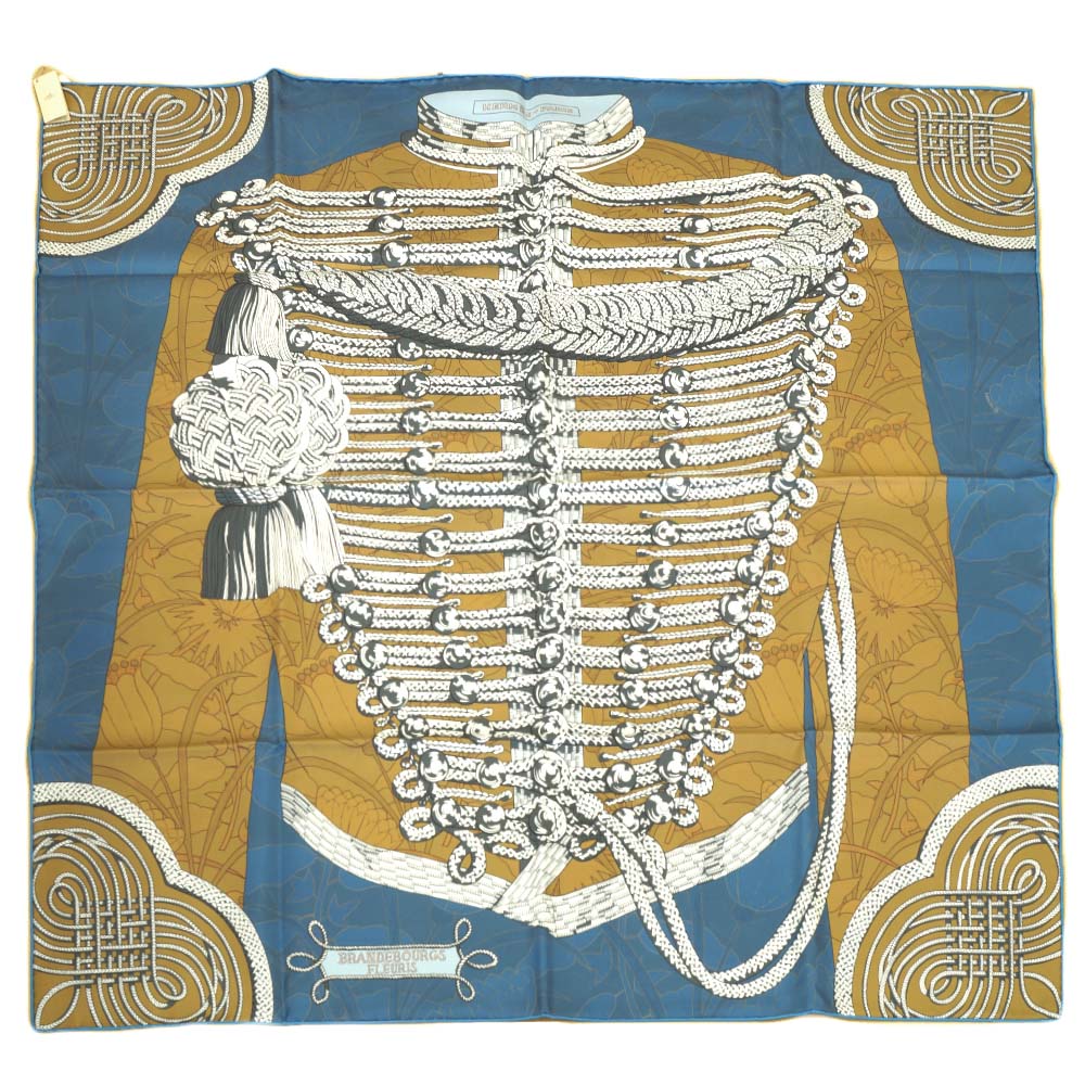 【栄】【HERMES】エルメス カレ90 ダブル人間の顔 BRANDEBOURGS FLEURIS ブランデンブルク飾りつけ えり巻き 絹地100% 青色 小物 余分の物 箱【新品】【未当て嵌める】【中古】