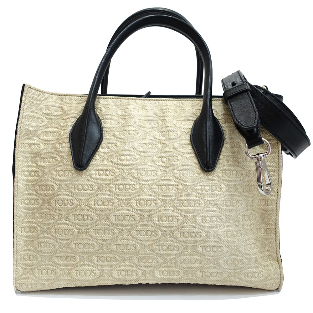 【栄】【TODS】トッズ アルベール・エルバス コラボ ハンドバッグ 2WAY キャンバス×レザー ベージュ ブラック シルバー金具 レディース 女性 保存袋【中古】