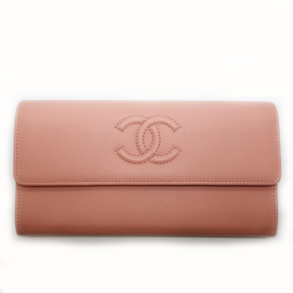 【天白】【CHANEL】シャネル ココマーク キャビア人はだ サクラ色 長紙入れ SV金具【中古】