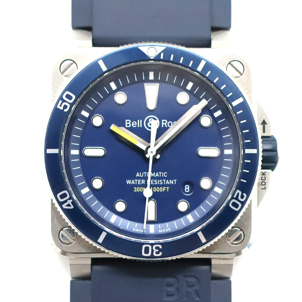 【最大限度３万円銀行割引クーポン券】【天白】【BELL\u0026ROSS】呼びりん＆天使の都市 BR03-92-DIV ダイバー青み DIVER BLUE ステンレス鋼 ウオッチ 42粍 自動小銃一巻き 天然ゴム BR-03 メンズ【中古】