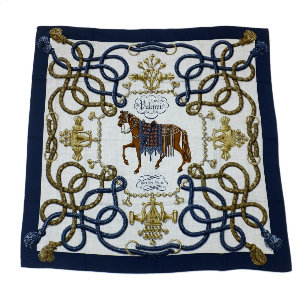 【最大限度３万円銀行割引クーポン券】【天白】【HERMES】エルメス カレ 140 カレジェアン Palefroi パルフロウ 青碧米国海兵隊員 クレール ブロンズ 大判 馬 服飾小物【新品】【未当てはめる】【中古】