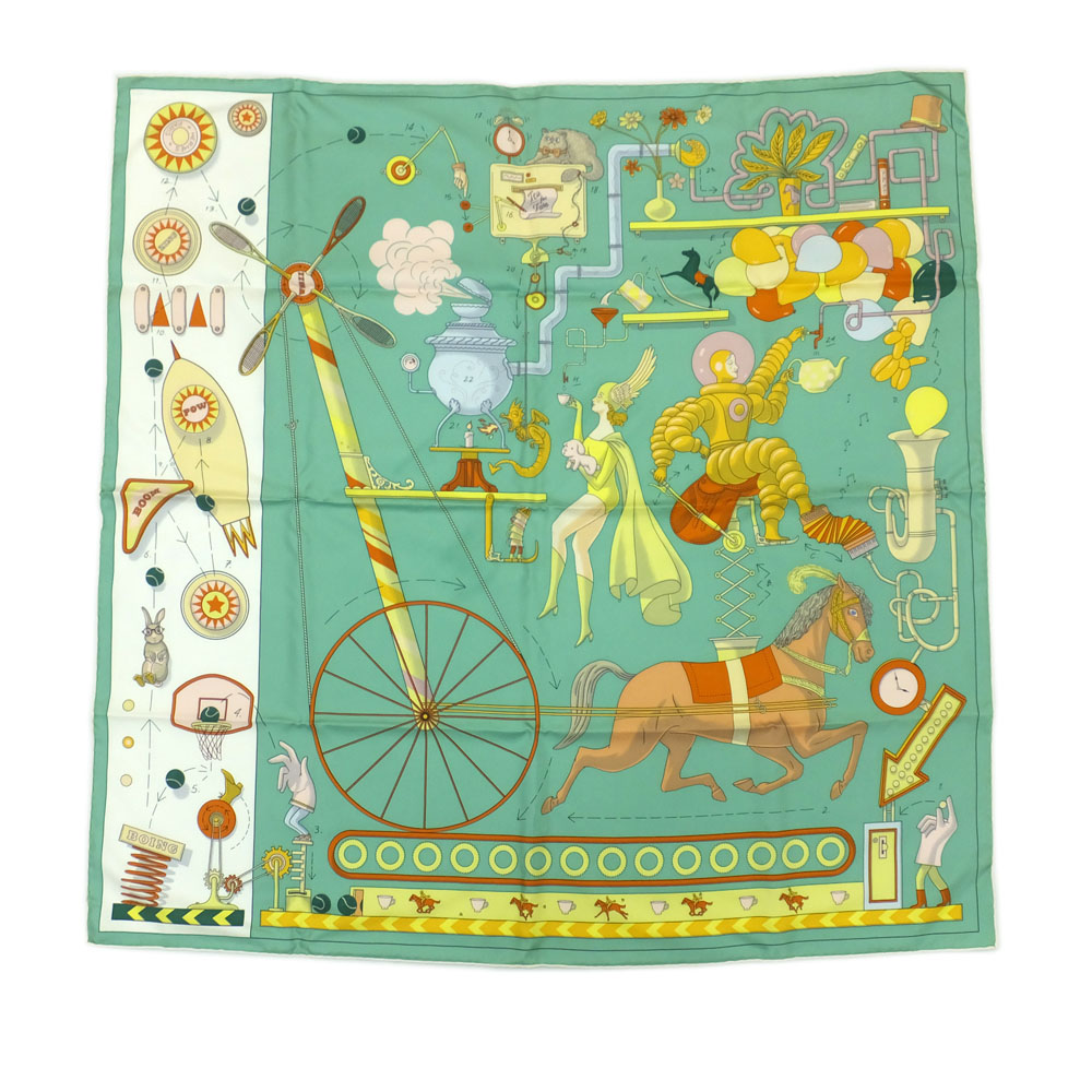 【天白】【HERMES】エルメス カレ 90 Tea for Two ティーフォートゥー 馬 ミントグリーン系 スカーフ 服飾小物 美品【中古】