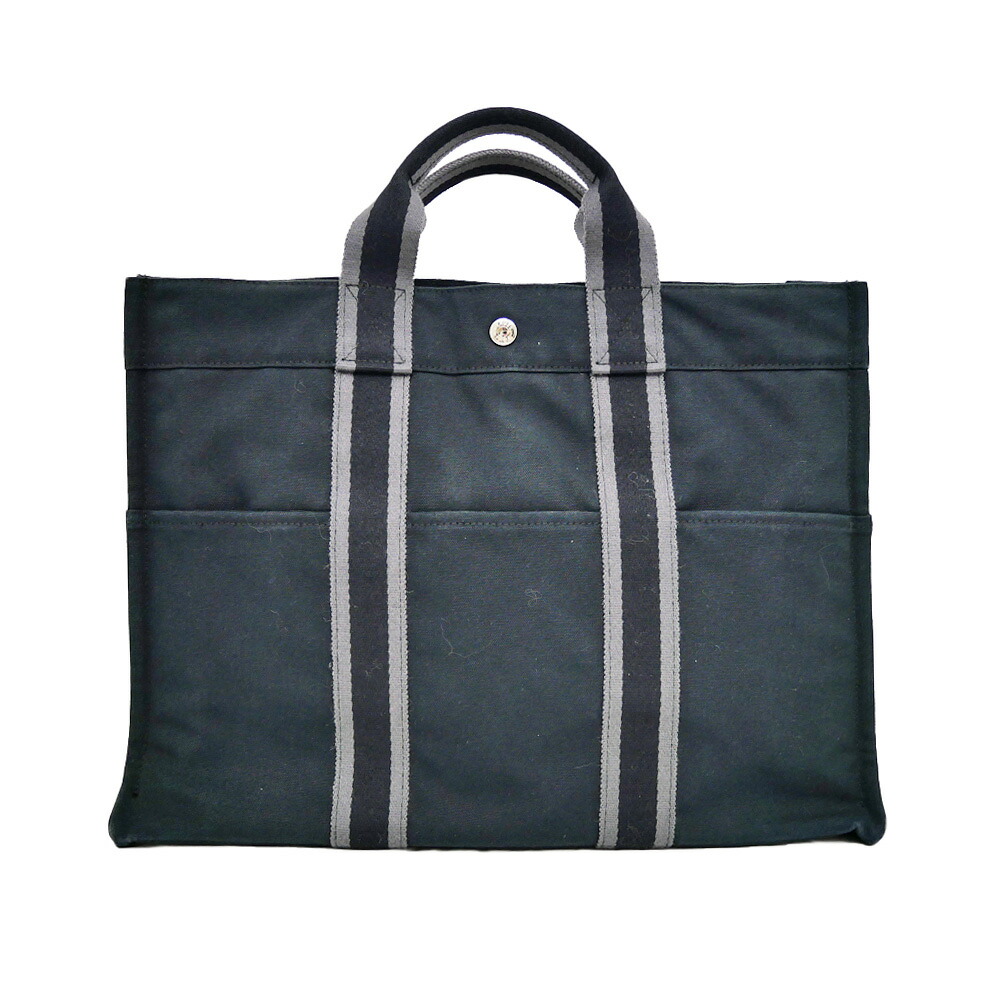 【名東】【HERMES】エルメス フールトゥMM ハンドバッグ トート ブラック グレー コットン ハンド シルバー金具 メンズ レディース【中古】