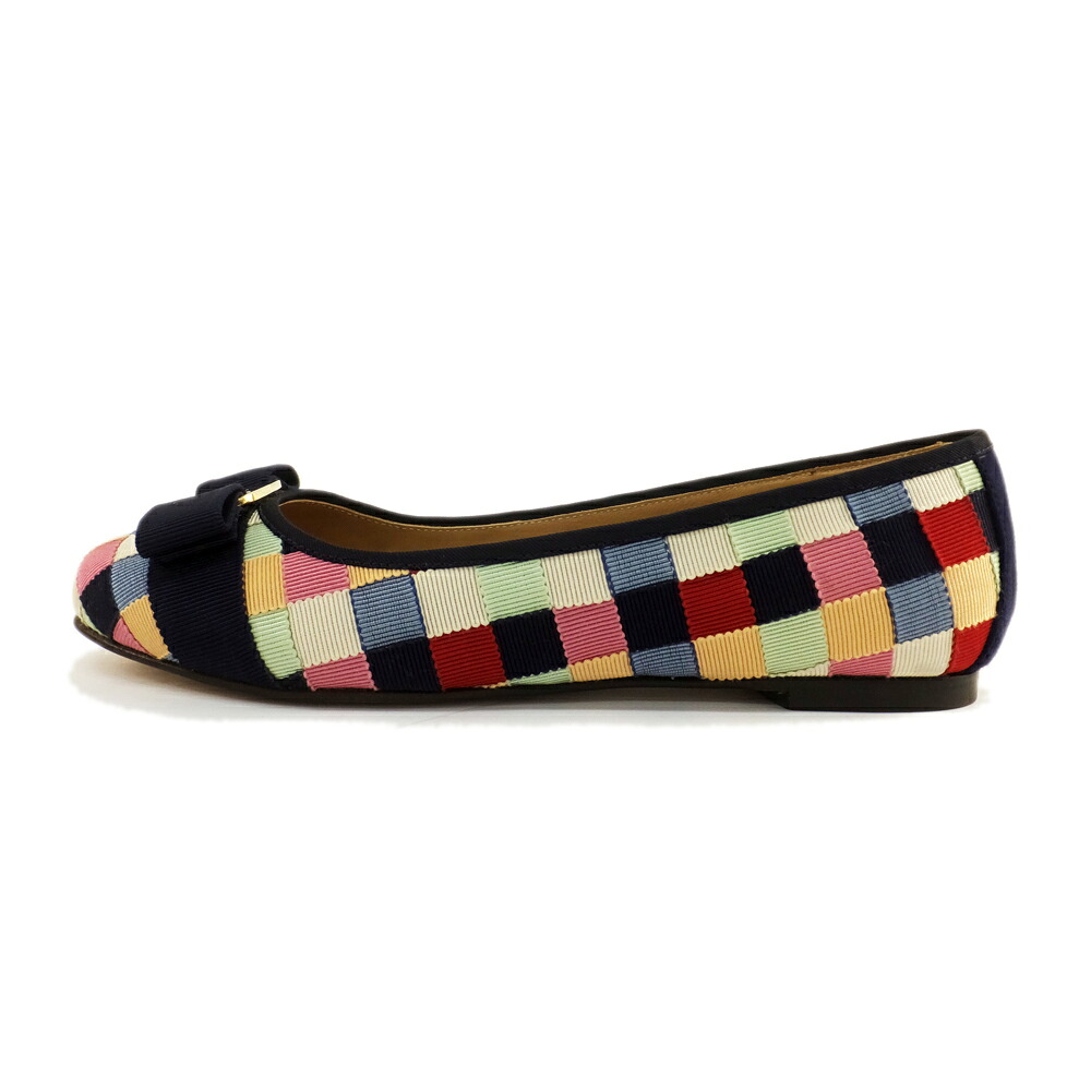 【天白】【SALVATORE FERRAGAMO】サルヴァトーレフェラガモ ヴァリナ パンプス ヴァラリボン ファブリック スウェードレザー マルチカラー 5.5 ゴールド金具 靴【中古】|質ウエダ
