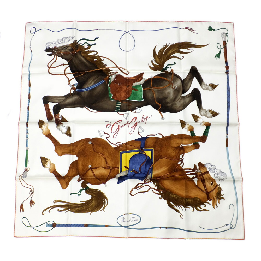 【最大限度３万円銀行割引クーポン券】【天白】【HERMES】エルメス カレ90 Grand Galop Crme グランギャロップ 白いこと系 馬動機 えり巻き 服飾小物【新品】【未当てはめる】【中古】