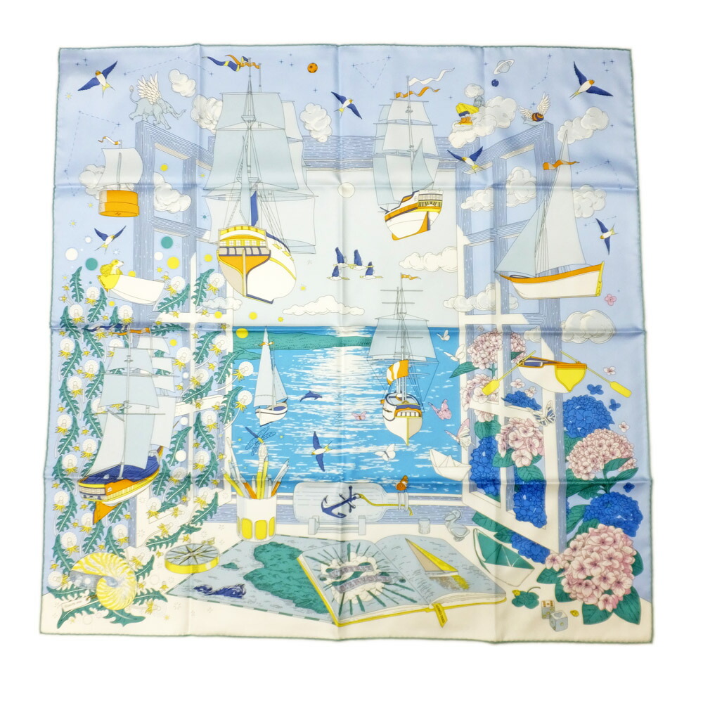 【最大限度３万円銀行割引引き換え証】【天白】【HERMES】エルメス カレ90 Lesprits Enovole Bleu ciel 肝ったまの旅立ち ブルーシエル マルチ色つや えり巻き 服飾小物【新品】【未当て嵌める】【中古】