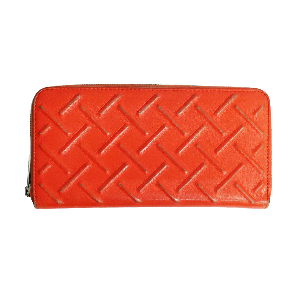【名東】【BOTTEGA VENETA】ボッテガヴェネタ ジップアラウンドウォレット チャック 長がま口 オレンジ色 オレンジ色 しろがね色金具 メンズ【中古】 メンズ財布-バッグ・小物・ブランド雑貨-財布・ケース