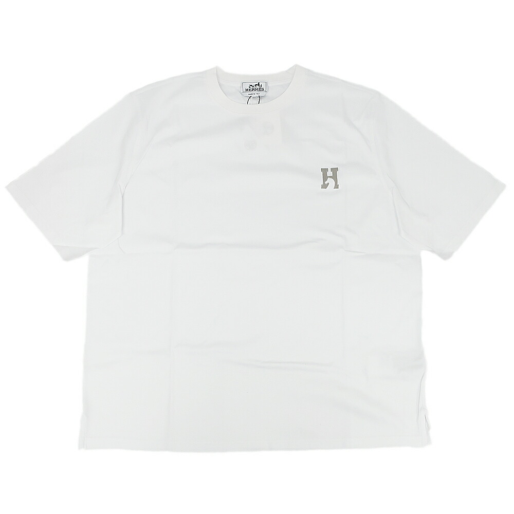【天白】【HERMES】エルメス ティーシャツ ミニレザーパッチ Hロゴタイプ 白 白いこと 書きあらわす大いさXL 綿織物 半袖 トップス メンズ レディース【新品】【未当て嵌める】【中古】 トップス-Tシャツ・カットソー-メンズファッション