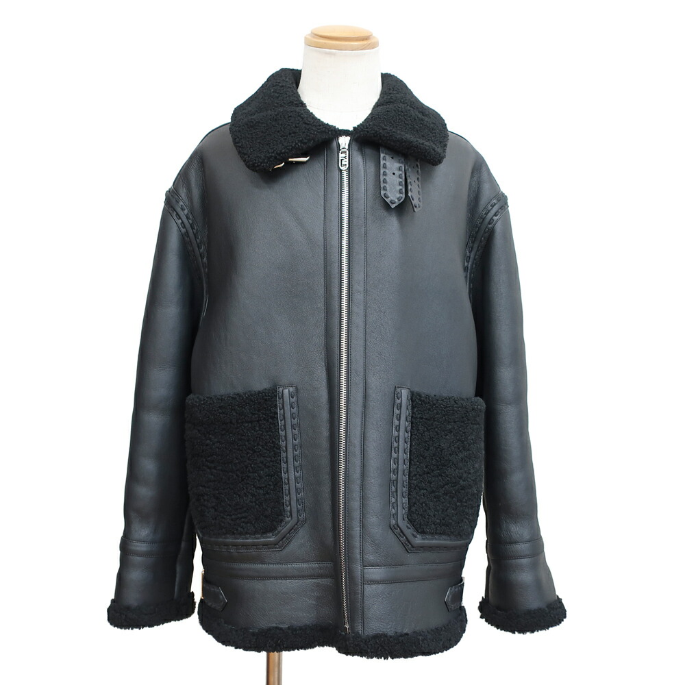 【最大限度４万円銀行割引クーポン券】【天白】【FENDI】フェンディ 上衣 子ヒツジなめし革 書きあらわす大きさ44 黒いこと 黒 FF ズッカ FM0235 AHBD F0GME 羊肉 革 アウター 厚地の外套【中古】